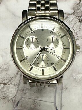 3/$30 Merona Watch Women Silver Tone Baton Indexes Round 38MM Dial 7.5"